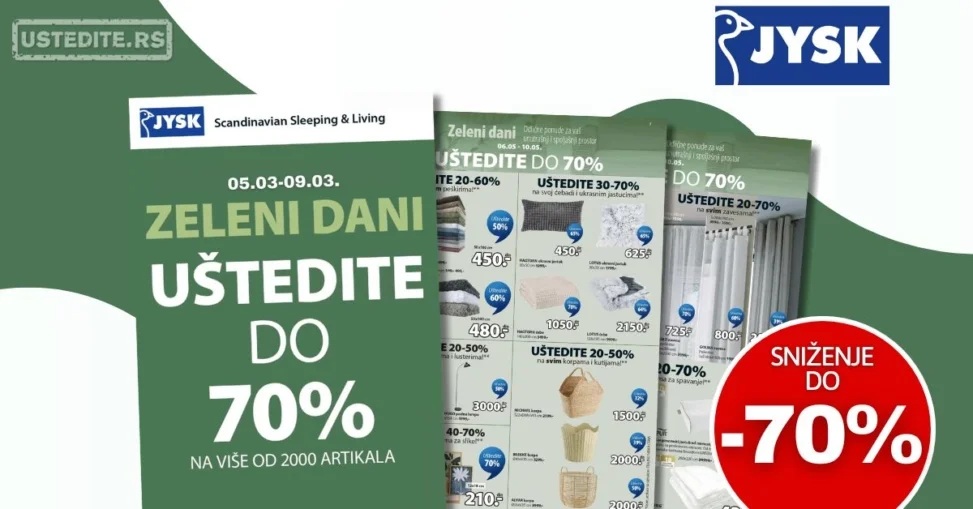 Jysk ZELENI DANI SNIŽENJE do 70% 6-10.5.2026.